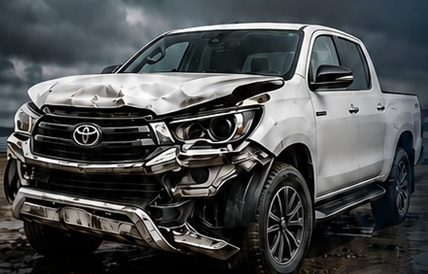 Damaged white Toyota pickup truck